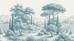 Papier peint panoramique arbres méditerranéens - Pins parasol cyprès oliviers paysage méditerranéen gravure détaillée bleu canard sur mesure - Design