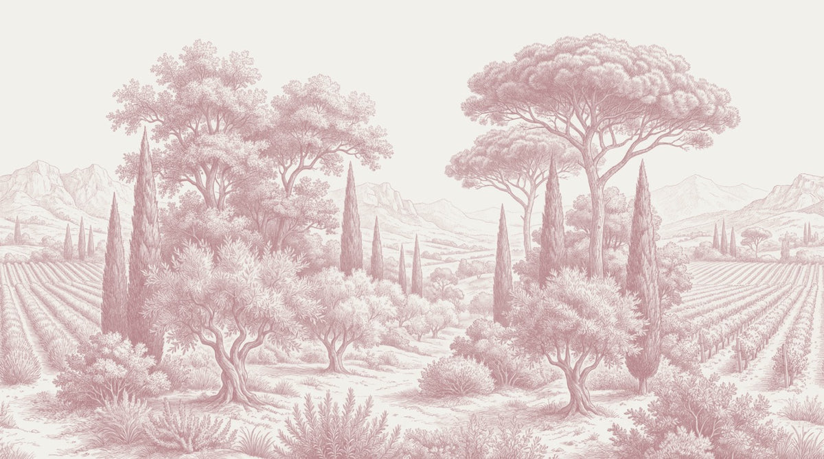 Papier peint panoramique arbres méditerranéens - Pins parasol cyprès oliviers paysage méditerranéen gravure détaillée rose poudré sur mesure - Design