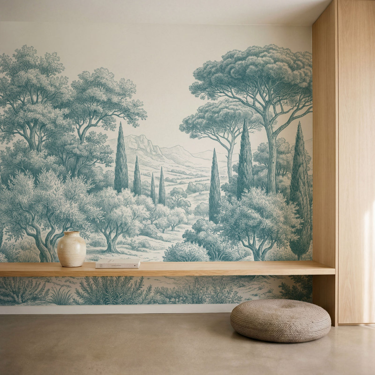 Papier peint panoramique arbres méditerranéens - Pins parasol cyprès oliviers paysage méditerranéen gravure détaillée Bleu canard sur mesure - Collines Toscanes - Bleu canard