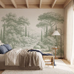 Papier peint panoramique arbres méditerranéens - Pins parasol cyprès oliviers paysage méditerranéen gravure détaillée Vert sauge sur mesure - Collines Toscanes - Vert sauge
