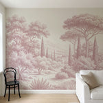 Papier peint panoramique arbres méditerranéens - Pins parasol cyprès oliviers paysage méditerranéen gravure détaillée Rose poudrée sur mesure - Collines Toscanes - Rose poudrée