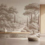 Papier peint panoramique arbres méditerranéens - Pins parasol cyprès oliviers paysage méditerranéen gravure détaillée Marron sur mesure - Collines Toscanes - Marron