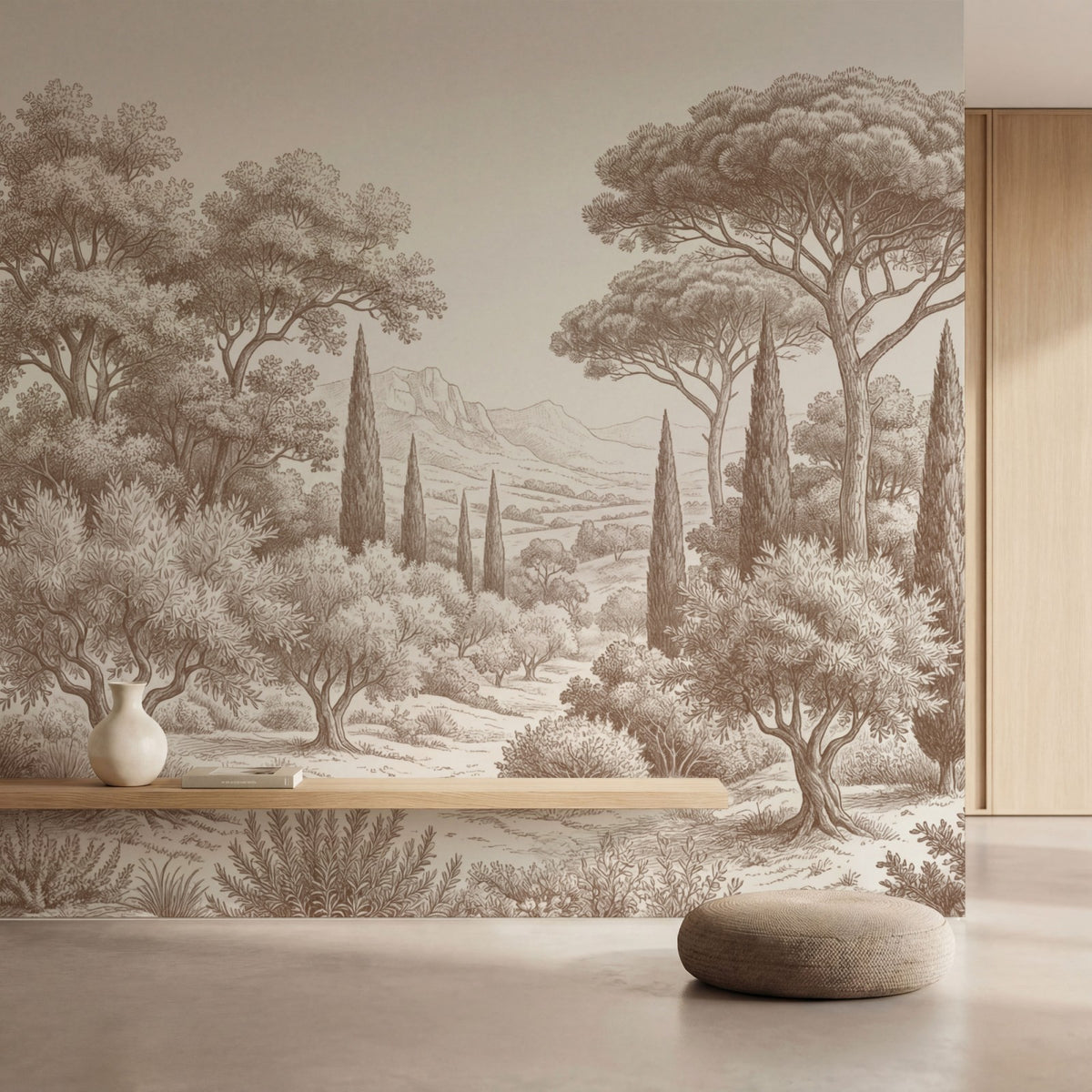 Papier peint panoramique arbres méditerranéens - Pins parasol cyprès oliviers paysage méditerranéen gravure détaillée Marron sur mesure - Collines Toscanes - Marron