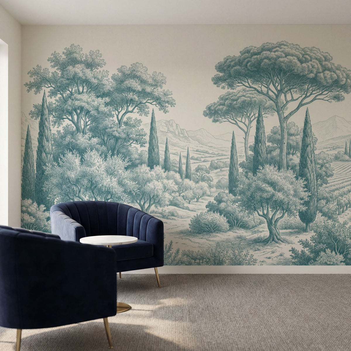 Papier peint panoramique arbres méditerranéens - Pins parasol cyprès oliviers paysage méditerranéen gravure détaillée Bleu canard sur mesure - Collines Toscanes - Bleu canard