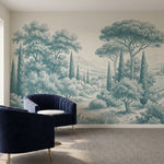 Papier peint panoramique arbres méditerranéens - Pins parasol cyprès oliviers paysage méditerranéen gravure détaillée Bleu canard sur mesure - Collines Toscanes - Bleu canard