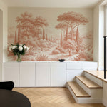 Papier peint panoramique arbres méditerranéens - Pins parasol cyprès oliviers paysage méditerranéen gravure détaillée Terracotta sur mesure - Collines Toscanes - Terracotta