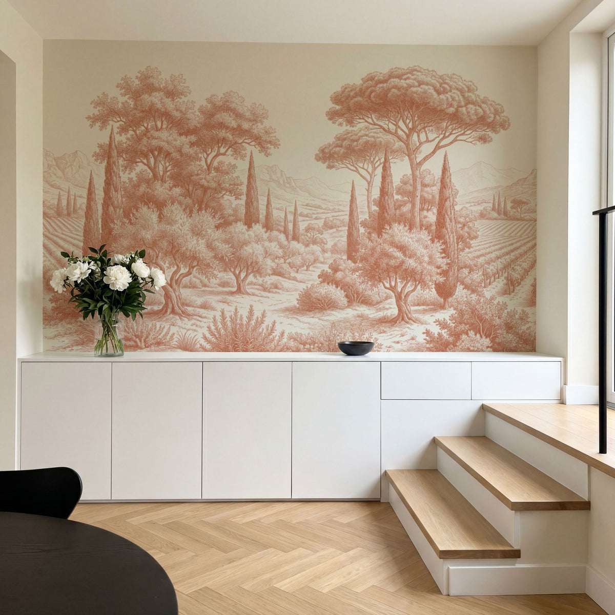 Papier peint panoramique arbres méditerranéens - Pins parasol cyprès oliviers paysage méditerranéen gravure détaillée Terracotta sur mesure - Collines Toscanes - Terracotta