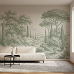 Papier peint panoramique arbres méditerranéens - Pins parasol cyprès oliviers paysage méditerranéen gravure détaillée Vert sauge sur mesure - Collines Toscanes - Vert sauge