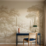 Papier peint panoramique arbres méditerranéens - Pins parasol cyprès oliviers paysage méditerranéen gravure détaillée Beige sur mesure - Collines Toscanes - Beige