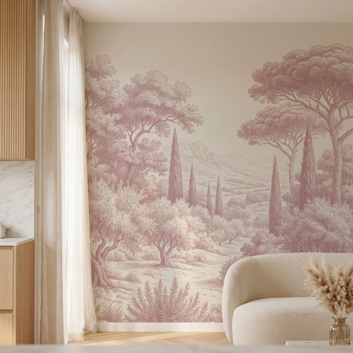Papier peint panoramique arbres méditerranéens - Pins parasol cyprès oliviers paysage méditerranéen gravure détaillée Rose poudrée sur mesure - Collines Toscanes - Rose poudrée