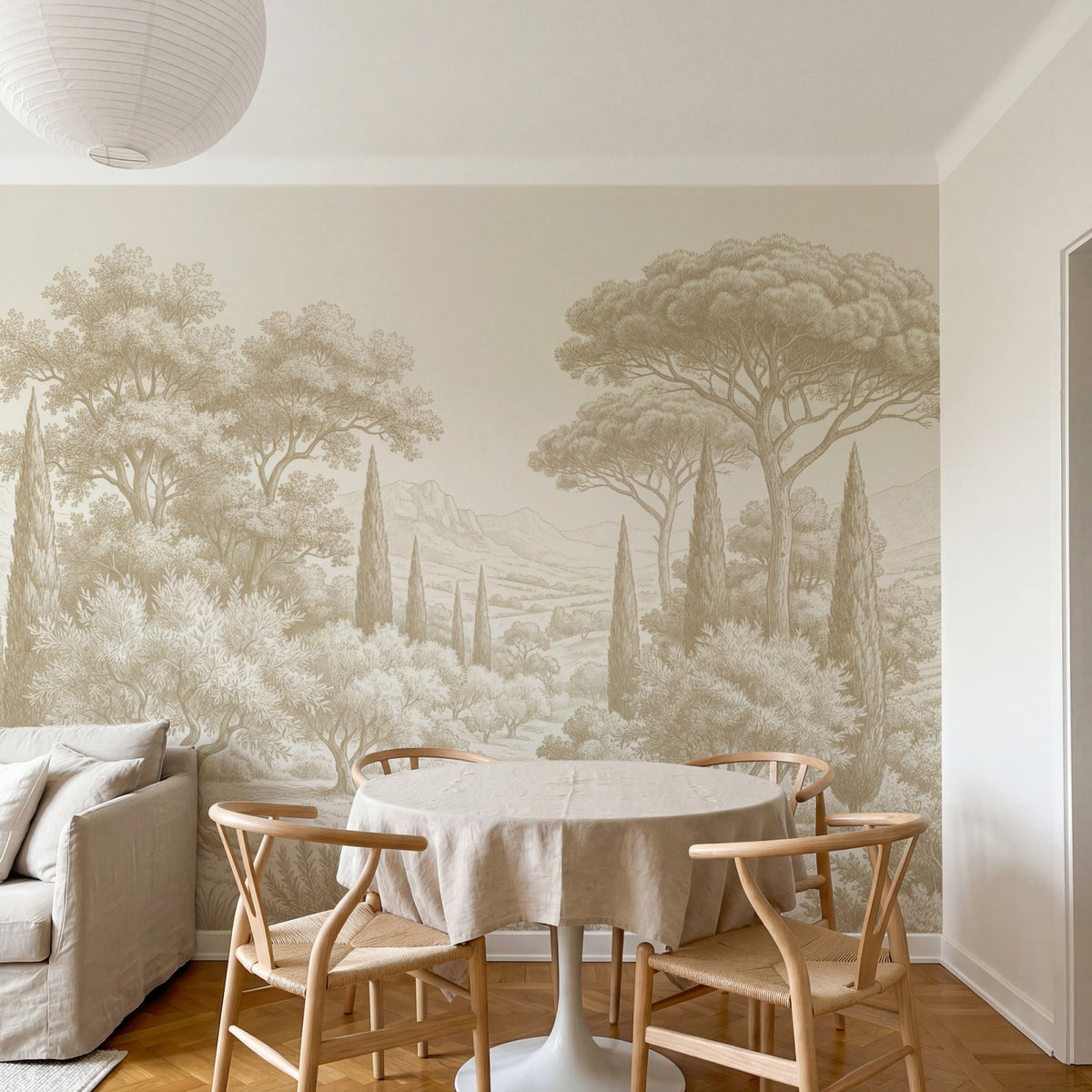 Papier peint panoramique arbres méditerranéens - Pins parasol cyprès oliviers paysage méditerranéen gravure détaillée Beige sur mesure - Collines Toscanes - Beige