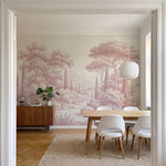 Papier peint panoramique arbres méditerranéens - Pins parasol cyprès oliviers paysage méditerranéen gravure détaillée Rose poudrée sur mesure - Collines Toscanes - Rose poudrée
