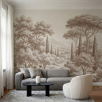 Papier peint panoramique arbres méditerranéens - Pins parasol cyprès oliviers paysage méditerranéen gravure détaillée Marron sur mesure - Collines Toscanes - Marron