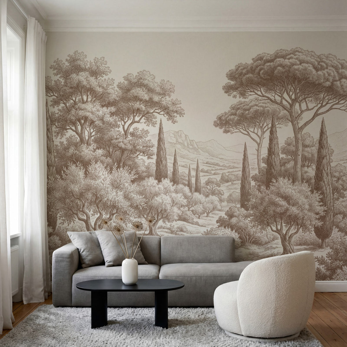 Papier peint panoramique arbres méditerranéens - Pins parasol cyprès oliviers paysage méditerranéen gravure détaillée Marron sur mesure - Collines Toscanes - Marron