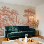 Papier peint panoramique arbres méditerranéens - Pins parasol cyprès oliviers paysage méditerranéen gravure détaillée Terracotta sur mesure - Collines Toscanes - Terracotta