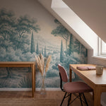 Papier peint panoramique arbres méditerranéens - Pins parasol cyprès oliviers paysage méditerranéen gravure détaillée Bleu canard sur mesure - Collines Toscanes - Bleu canard