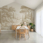 Papier peint panoramique arbres méditerranéens - Pins parasol cyprès oliviers paysage méditerranéen gravure détaillée Beige sur mesure - Collines Toscanes - Beige