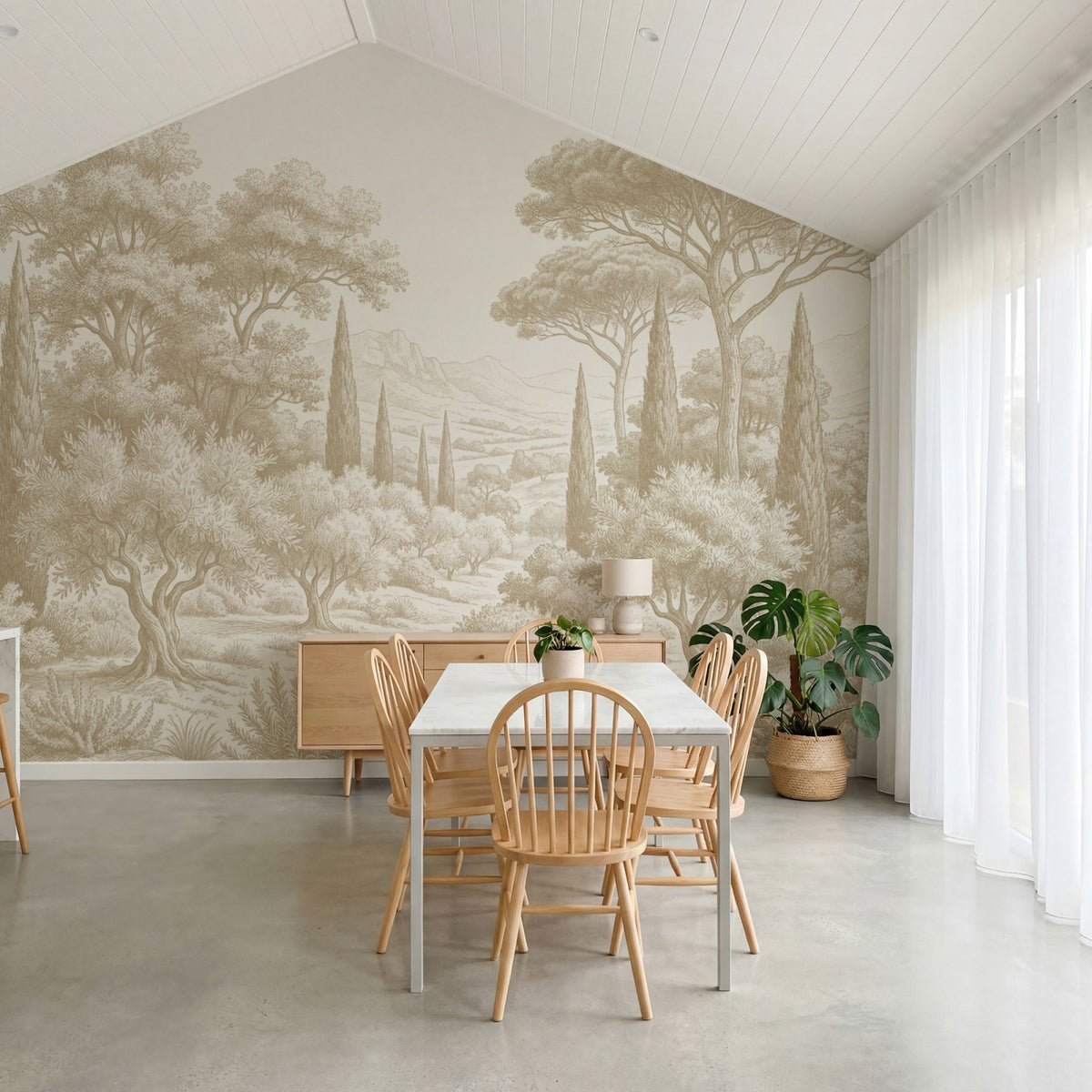 Papier peint panoramique arbres méditerranéens - Pins parasol cyprès oliviers paysage méditerranéen gravure détaillée Beige sur mesure - Collines Toscanes - Beige