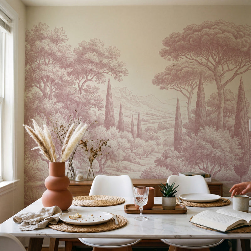 Papier peint panoramique arbres méditerranéens - Pins parasol cyprès oliviers paysage méditerranéen gravure détaillée Rose poudrée sur mesure - Collines Toscanes - Rose poudrée