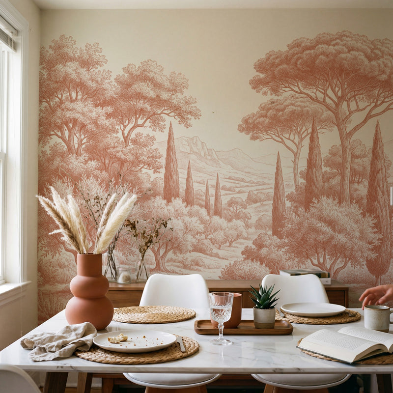 Papier peint panoramique arbres méditerranéens - Pins parasol cyprès oliviers paysage méditerranéen gravure détaillée Terracotta sur mesure - Collines Toscanes - Terracotta