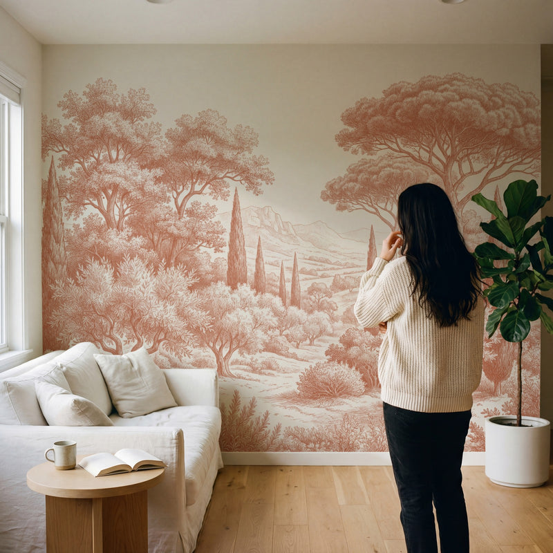 Papier peint panoramique arbres méditerranéens - Pins parasol cyprès oliviers paysage méditerranéen gravure détaillée Terracotta sur mesure - Collines Toscanes - Terracotta