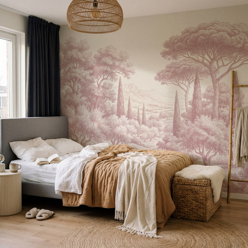 Papier peint panoramique arbres méditerranéens - Pins parasol cyprès oliviers paysage méditerranéen gravure détaillée Rose poudrée sur mesure - Collines Toscanes - Rose poudrée