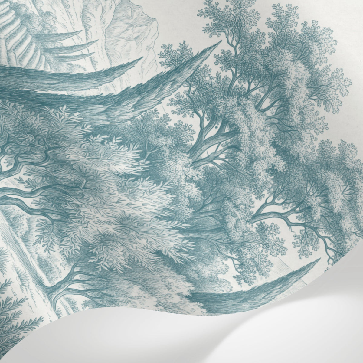 Papier peint panoramique arbres méditerranéens - Pins parasol cyprès oliviers paysage méditerranéen gravure détaillée bleu canard sur mesure - Matière