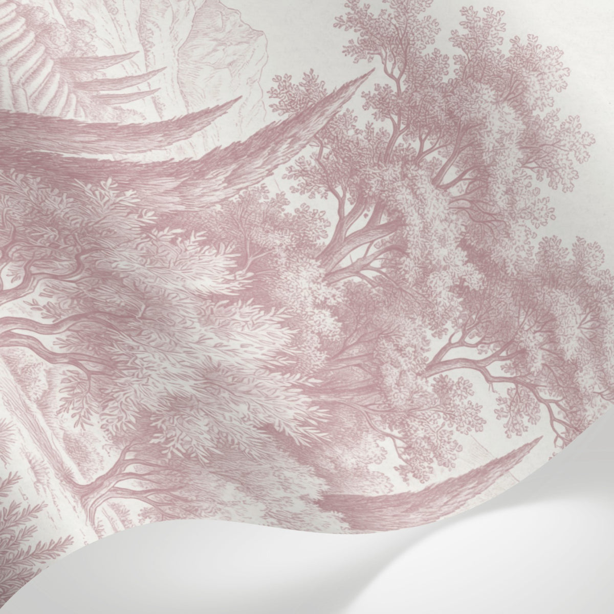 Papier peint panoramique arbres méditerranéens - Pins parasol cyprès oliviers paysage méditerranéen gravure détaillée rose poudré sur mesure - Matière