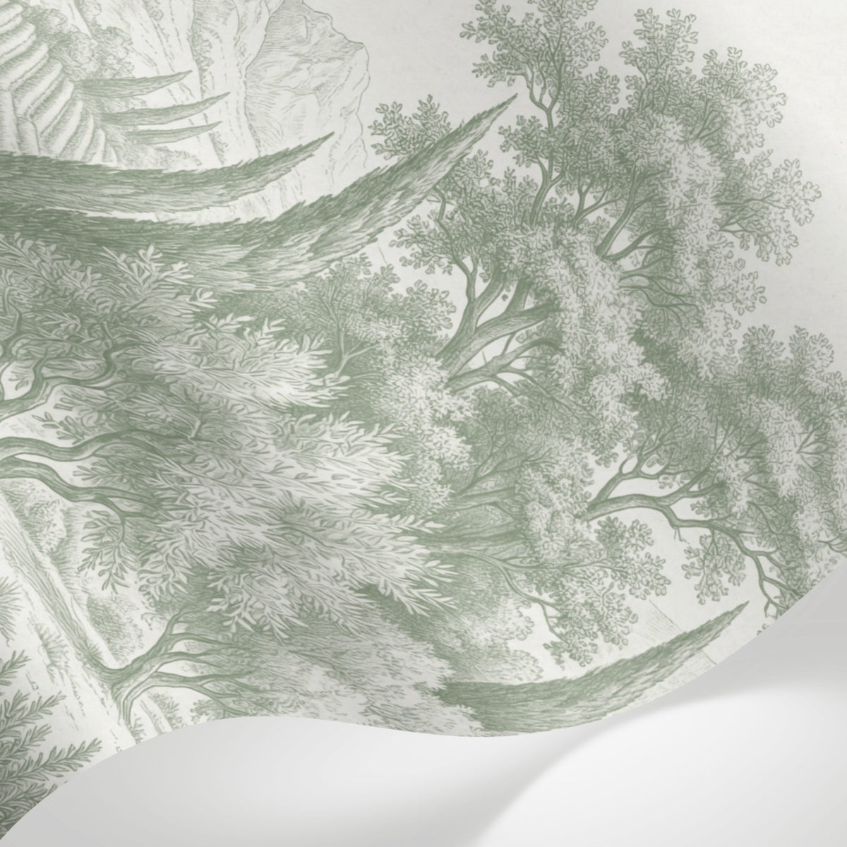 Papier peint panoramique arbres méditerranéens - Pins parasol cyprès oliviers paysage méditerranéen gravure détaillée vert sauge sur mesure - Matière