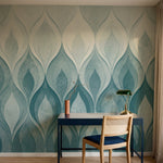 Papier peint panoramique art deco - Flammes stylisées dégradé bleu turquoise beige et orange cuivré Bleu canard sur mesure - Flammes Orientales - Bleu canard