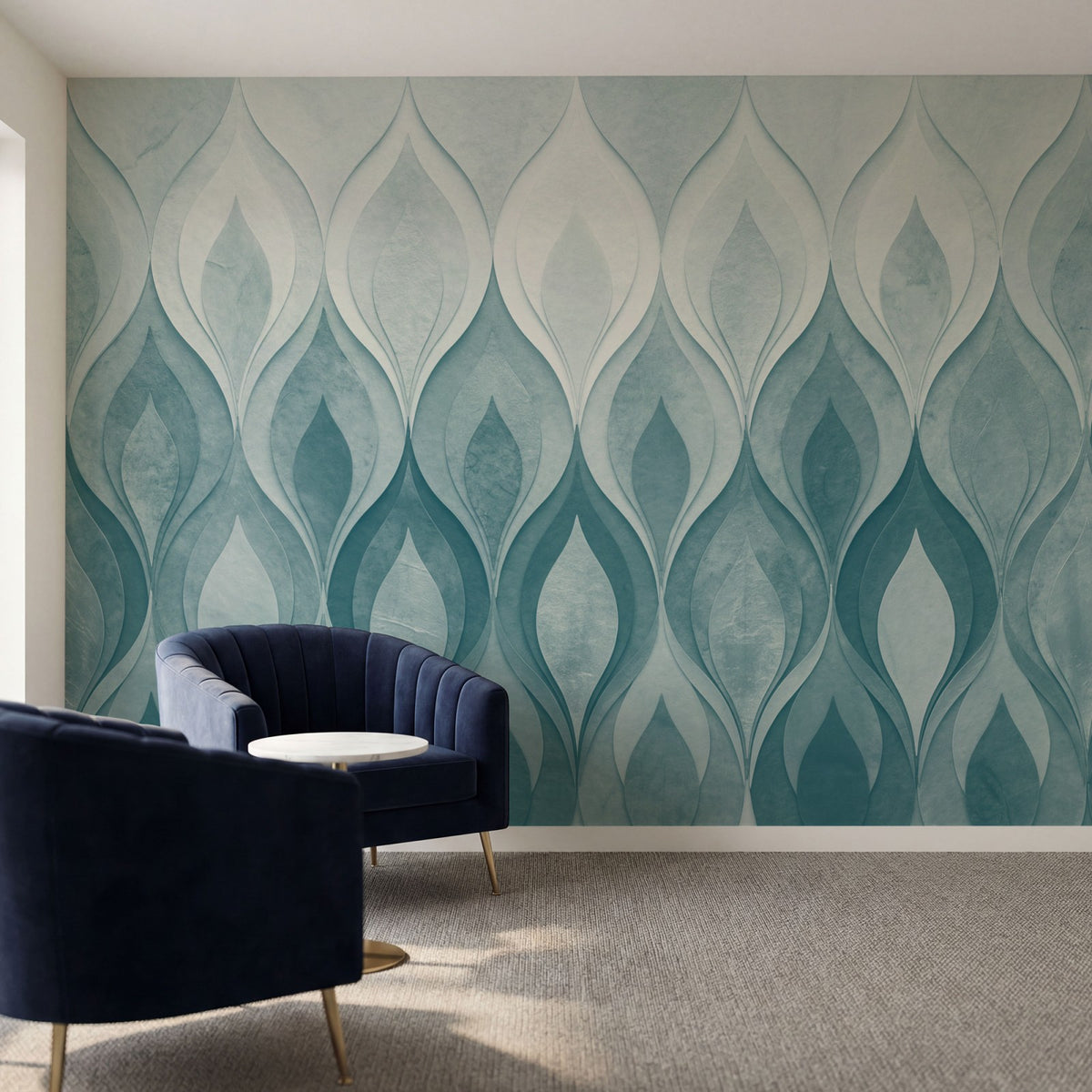 Papier peint panoramique art deco - Flammes stylisées dégradé bleu turquoise beige et orange cuivré Bleu canard sur mesure - Flammes Orientales - Bleu canard
