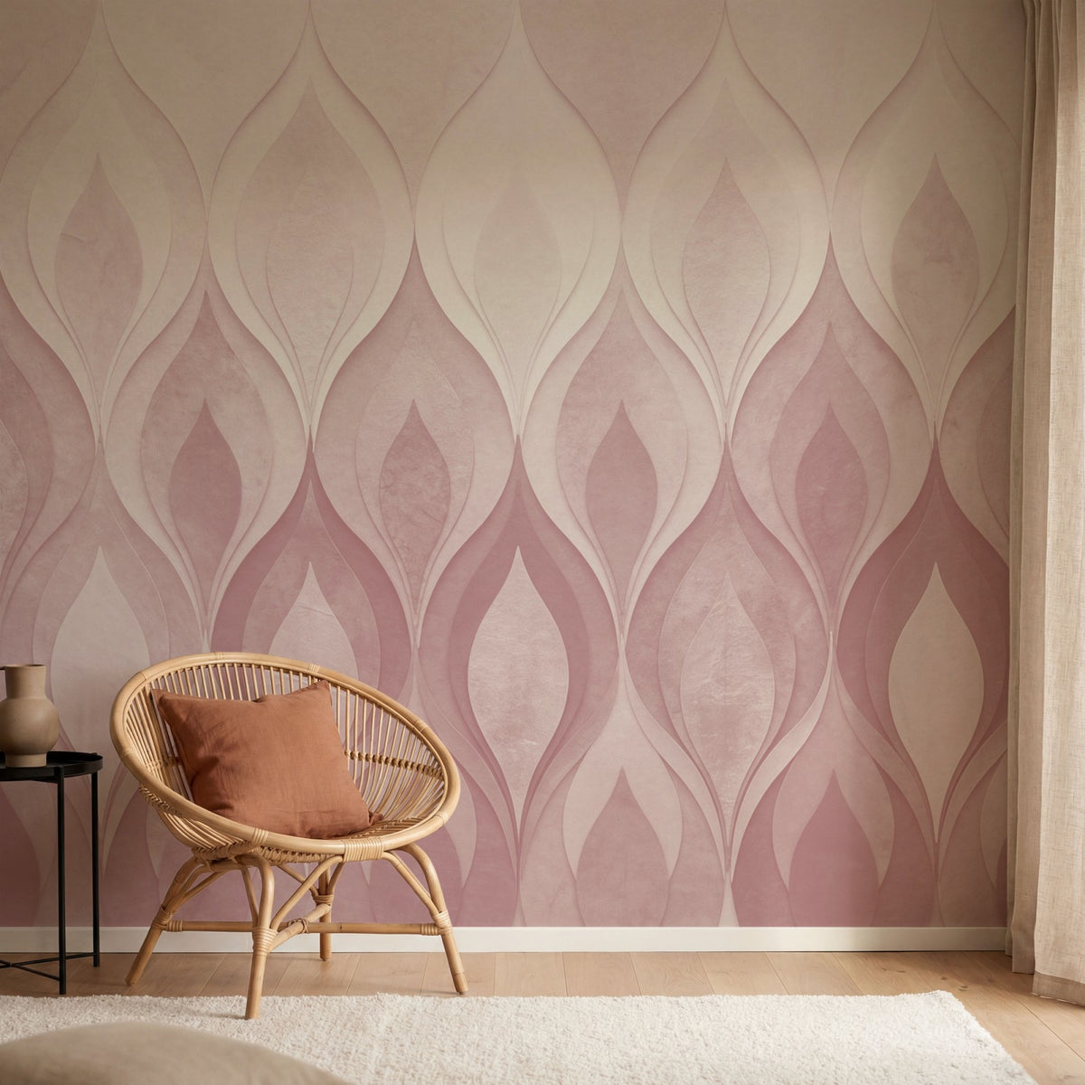 Papier peint panoramique art deco - Flammes stylisées dégradé rose poudrée beige et orange cuivré sur mesure - Flammes Orientales - Rose poudrée