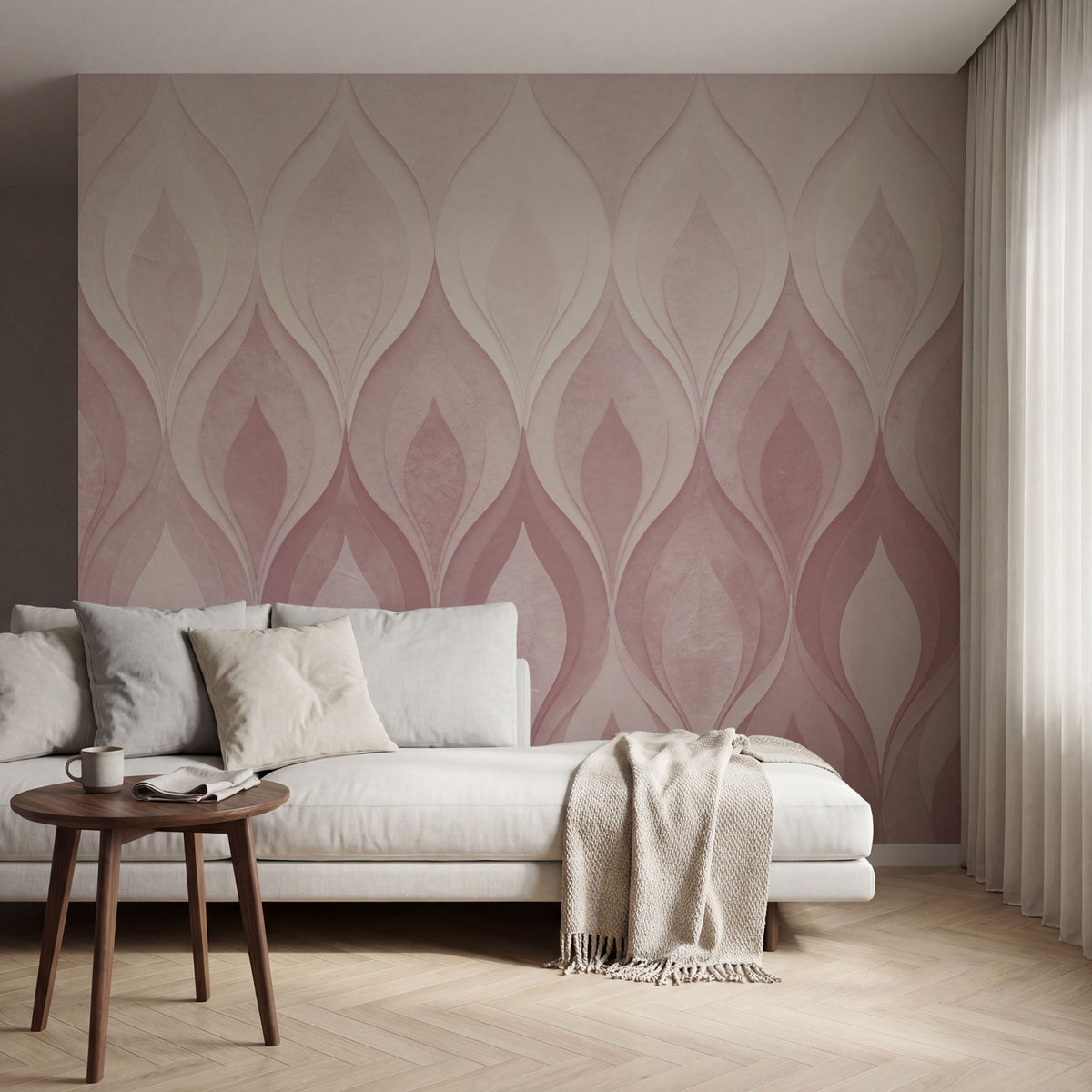 Papier peint panoramique art deco - Flammes stylisées dégradé rose poudrée beige et orange cuivré sur mesure - Flammes Orientales - Rose poudrée
