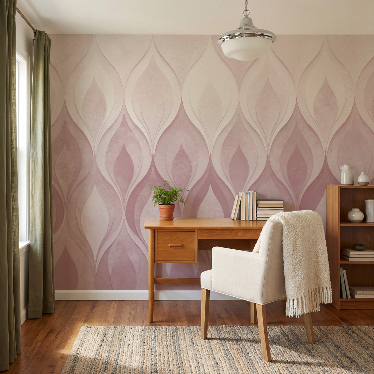 Papier peint panoramique art deco - Flammes stylisées dégradé rose poudrée beige et orange cuivré sur mesure - Flammes Orientales - Rose poudrée