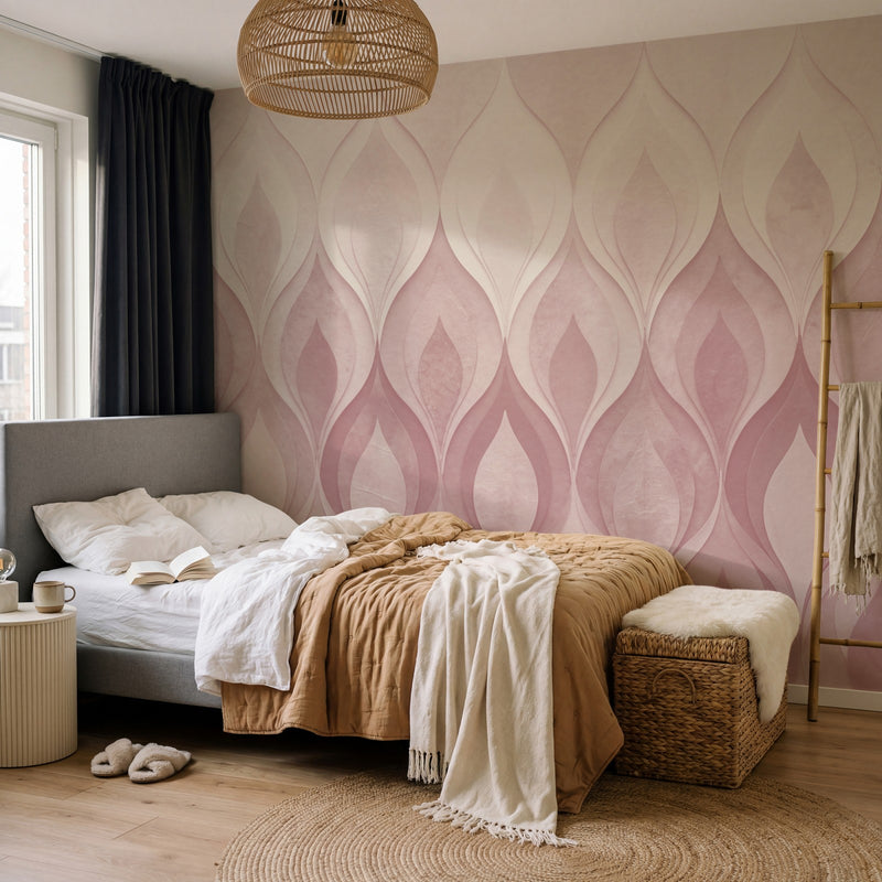 Papier peint panoramique art deco - Flammes stylisées dégradé rose poudrée beige et orange cuivré sur mesure - Flammes Orientales - Rose poudrée