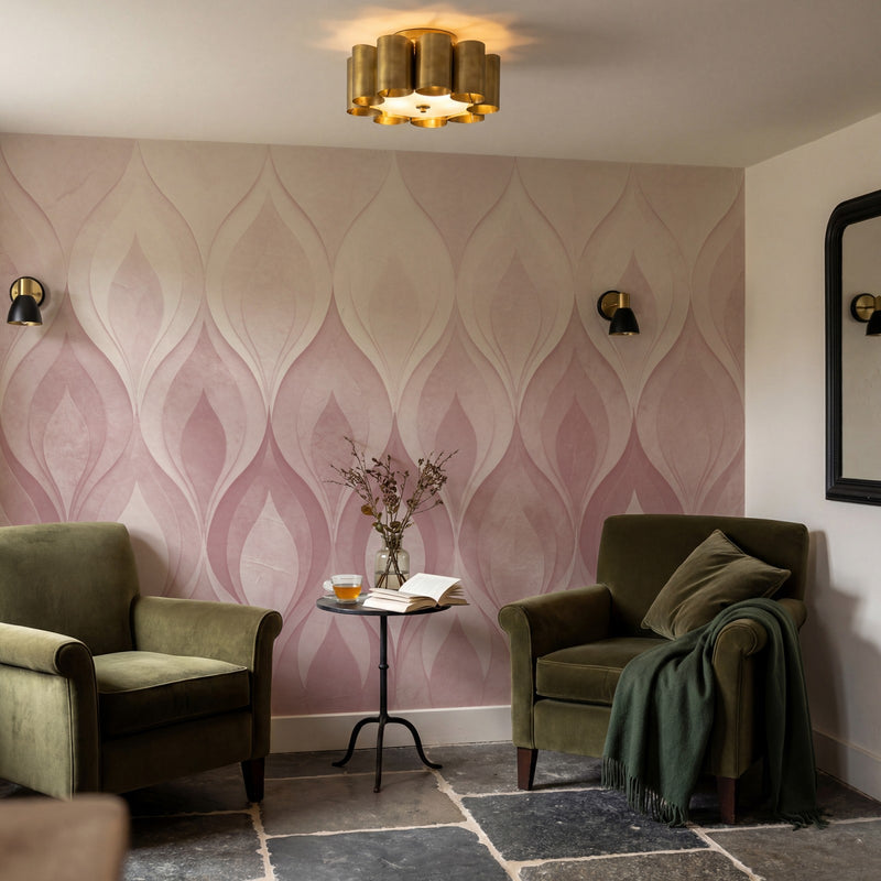 Papier peint panoramique art deco - Flammes stylisées dégradé rose poudrée beige et orange cuivré sur mesure - Flammes Orientales - Rose poudrée