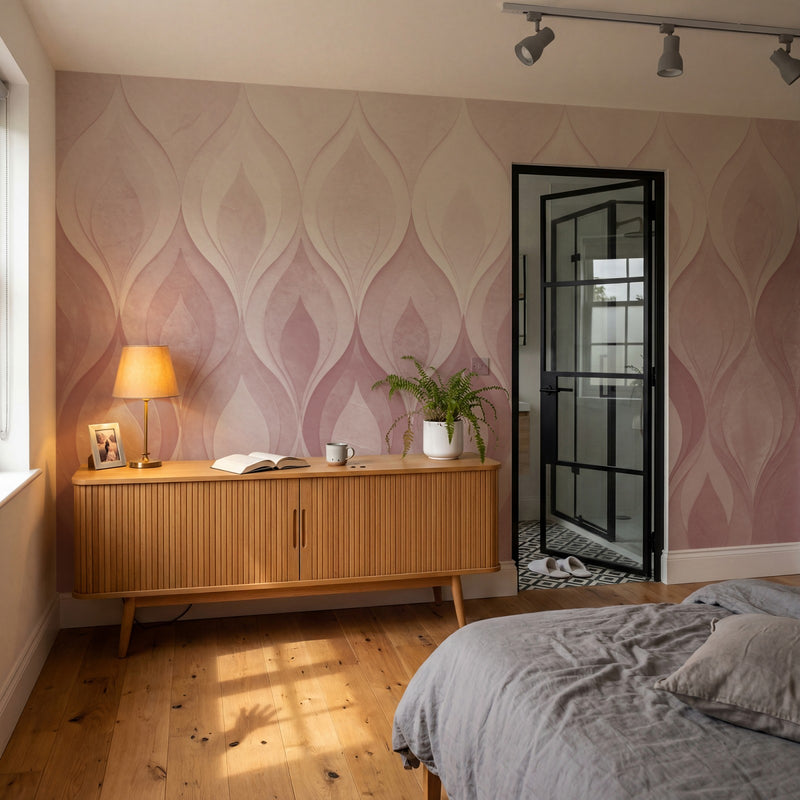 Papier peint panoramique art deco - Flammes stylisées dégradé rose poudrée beige et orange cuivré sur mesure - Flammes Orientales - Rose poudrée