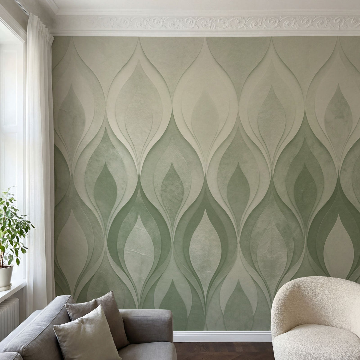 Papier peint panoramique art deco - Flammes stylisées dégradé vert sauge beige et orange cuivré sur mesure - Flammes Orientales - Vert sauge