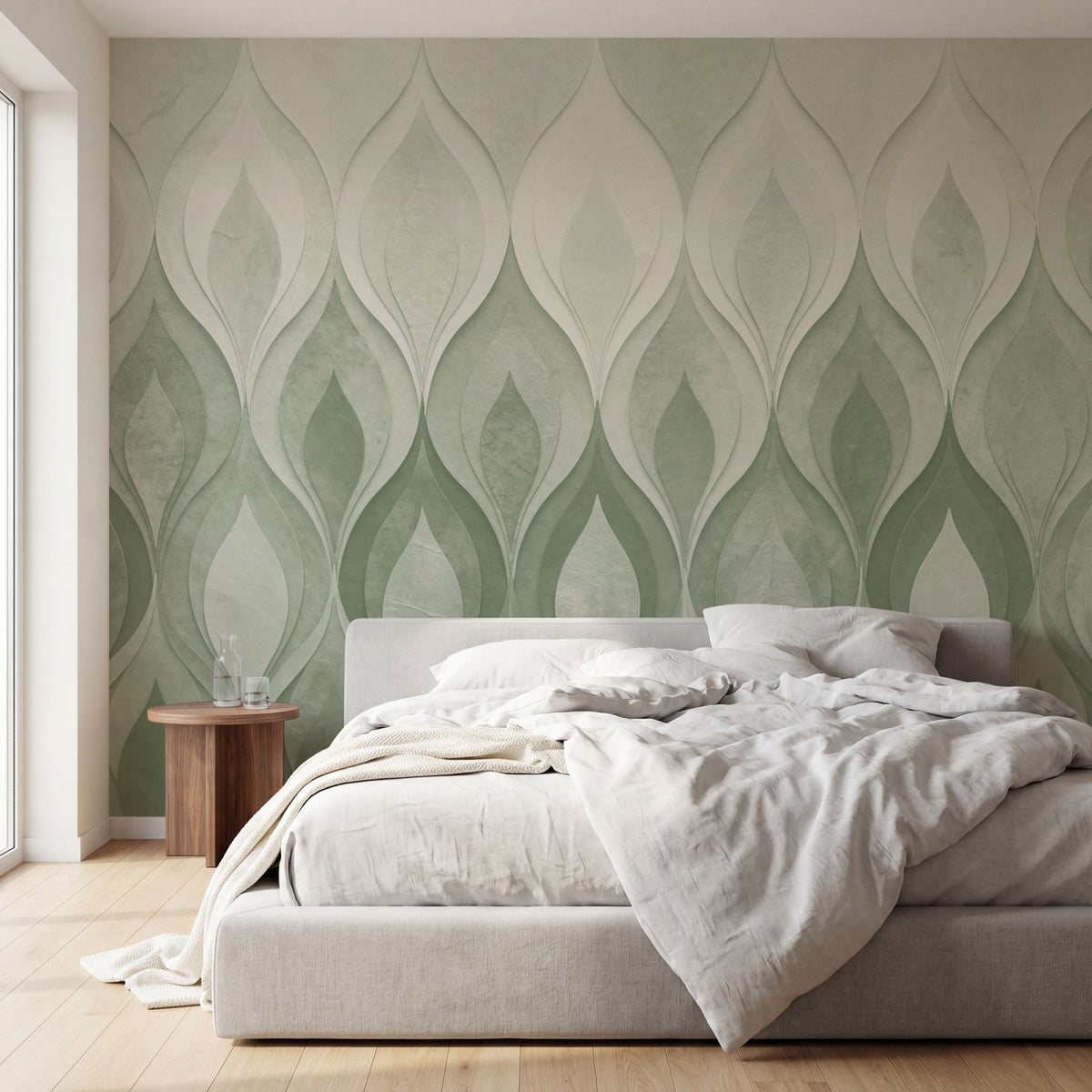 Papier peint panoramique art deco - Flammes stylisées dégradé vert sauge beige et orange cuivré sur mesure - Flammes Orientales - Vert sauge