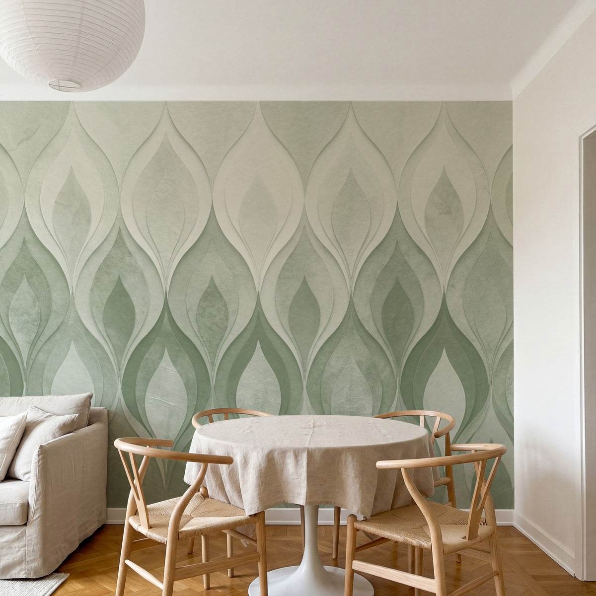 Papier peint panoramique art deco - Flammes stylisées dégradé vert sauge beige et orange cuivré sur mesure - Flammes Orientales - Vert sauge