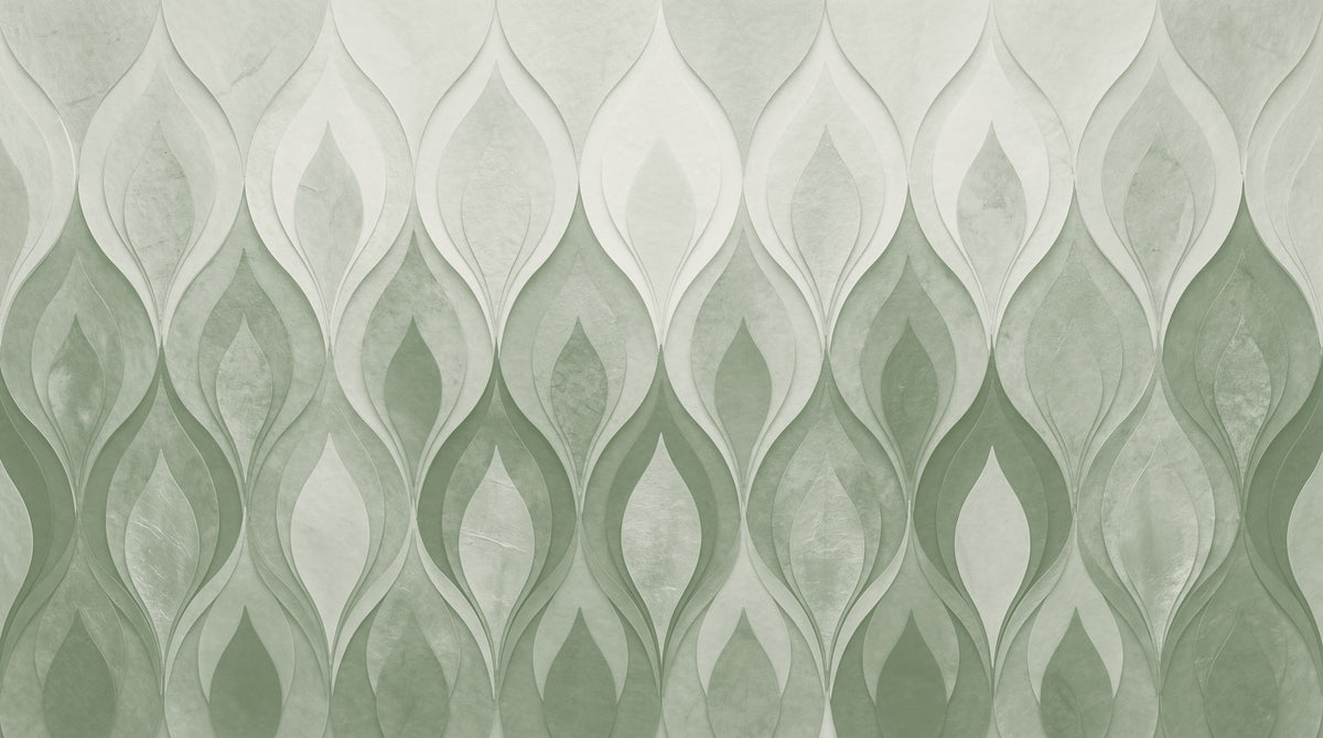 Papier peint panoramique art deco - Flammes stylisées dégradé vert sauge sur mesure - Design