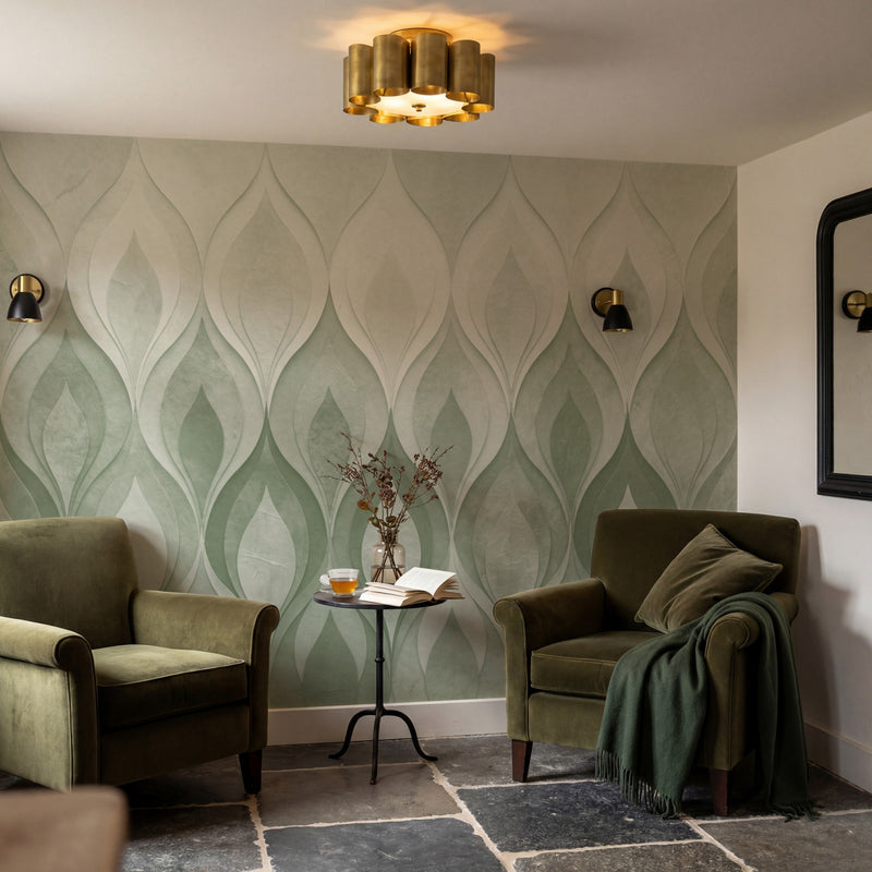 Papier peint panoramique art deco - Flammes stylisées dégradé vert sauge beige et orange cuivré sur mesure - Flammes Orientales - Vert sauge