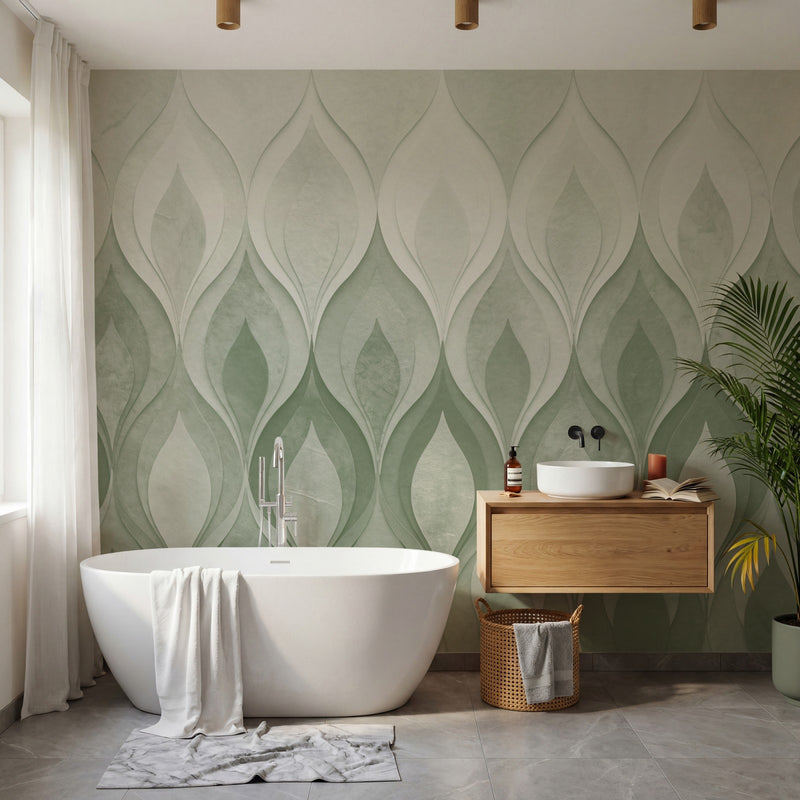 Papier peint panoramique art deco - Flammes stylisées dégradé vert sauge beige et orange cuivré sur mesure - Flammes Orientales - Vert sauge