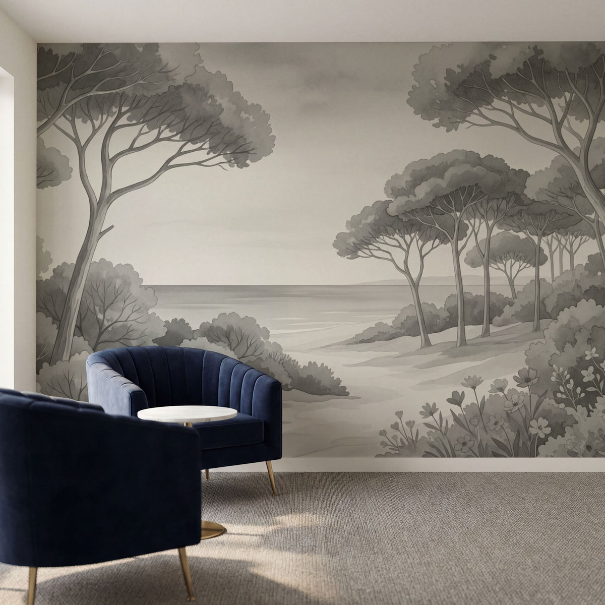 Papier peint panoramique botanique - Arbres méditerranéens fleurs sauvages chemin sableux Noir & Blanc sur mesure - Rivage Méditerranéen - Noir & Blanc