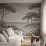 Papier peint panoramique botanique - Arbres méditerranéens fleurs sauvages chemin sableux Noir & Blanc sur mesure - Rivage Méditerranéen - Noir & Blanc
