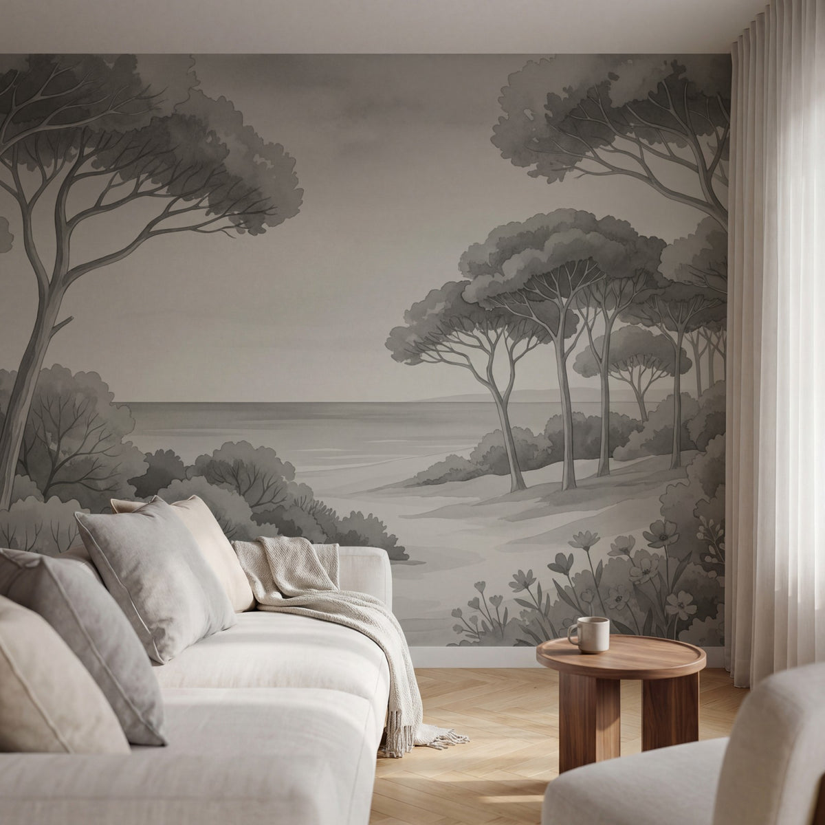 Papier peint panoramique botanique - Arbres méditerranéens fleurs sauvages chemin sableux Noir & Blanc sur mesure - Rivage Méditerranéen - Noir & Blanc