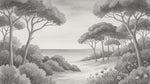 Papier peint panoramique botanique - Arbres méditerranéens fleurs sauvages chemin sableux noir et blanc sur mesure - Design