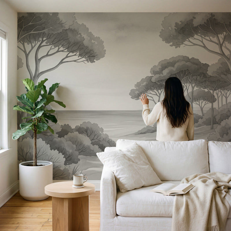 Papier peint panoramique botanique - Arbres méditerranéens fleurs sauvages chemin sableux Noir & Blanc sur mesure - Rivage Méditerranéen - Noir & Blanc