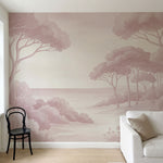 Papier peint panoramique botanique - Arbres méditerranéens fleurs sauvages chemin sableux rose poudrée sur mesure - Rivage Méditerranéen - Rose poudrée