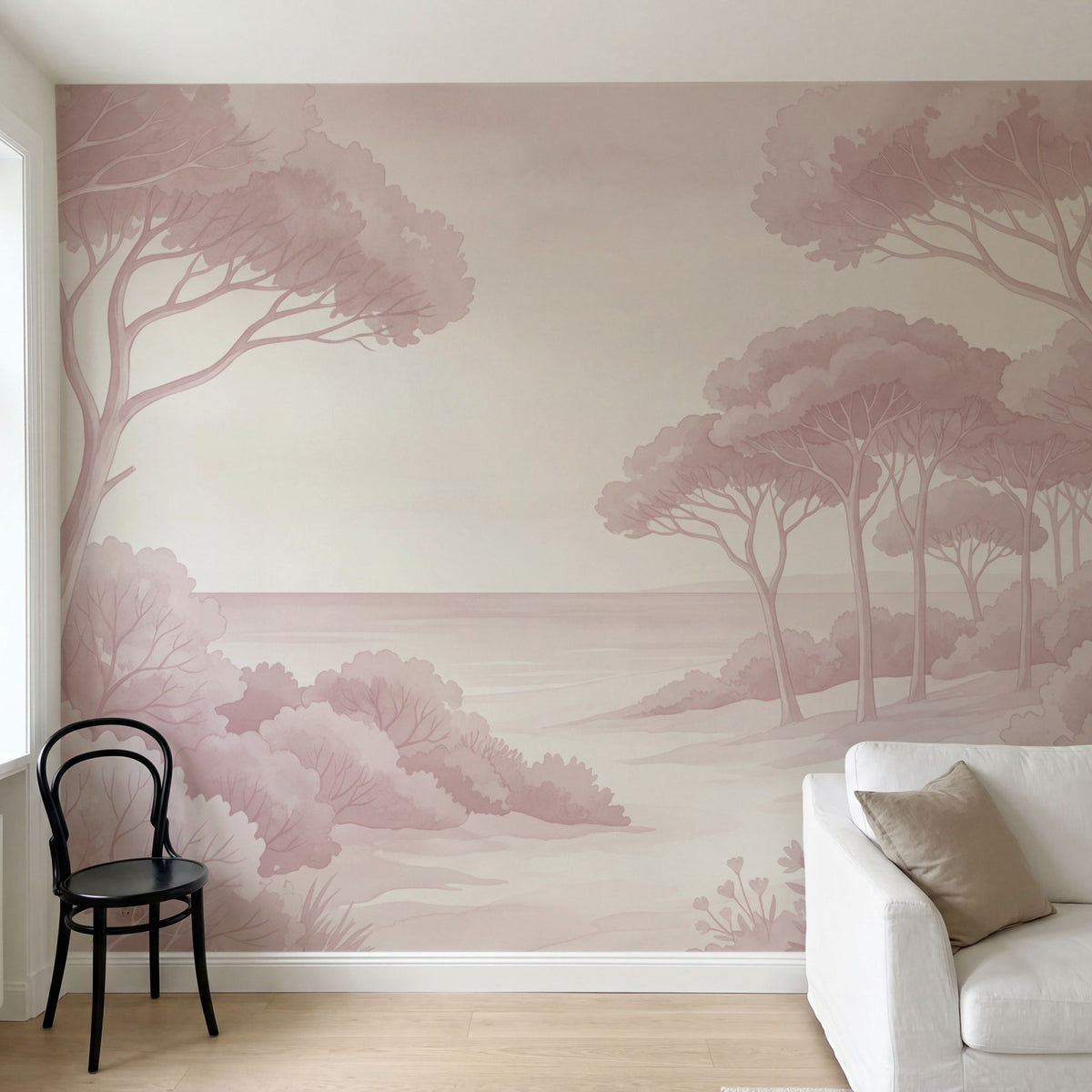Papier peint panoramique botanique - Arbres méditerranéens fleurs sauvages chemin sableux rose poudrée sur mesure - Rivage Méditerranéen - Rose poudrée